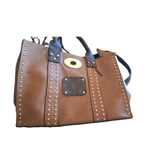 Brown Studded Tote Bag, Turn-Lock Gold Studded Faux Leather Tote Bag  3 in 1 - Picture 1 of 16